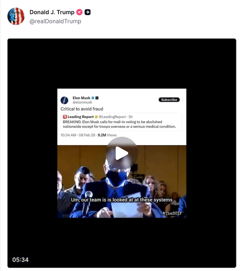 Donald Trump sharing Elon Musk's X post.