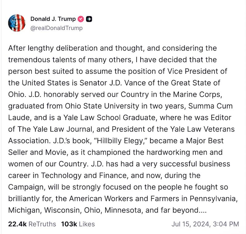 Donald Trump announces J.D. Vance as his running mate.