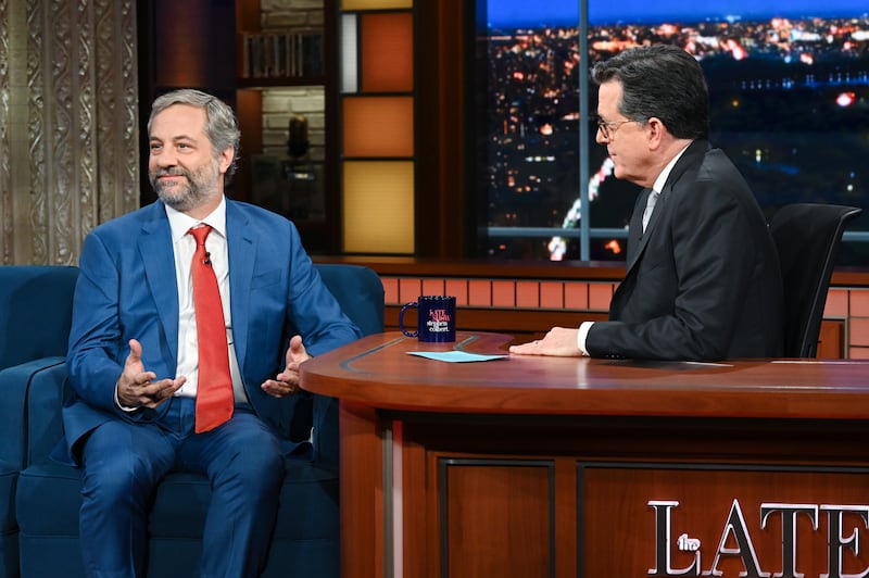 NEW YORK - MAY 16: The Late Show with Stephen Colbert and guest Judd Apatow during Mondays May 16, 2022 show. (Photo by Scott Kowalchyk/CBS via Getty Images)