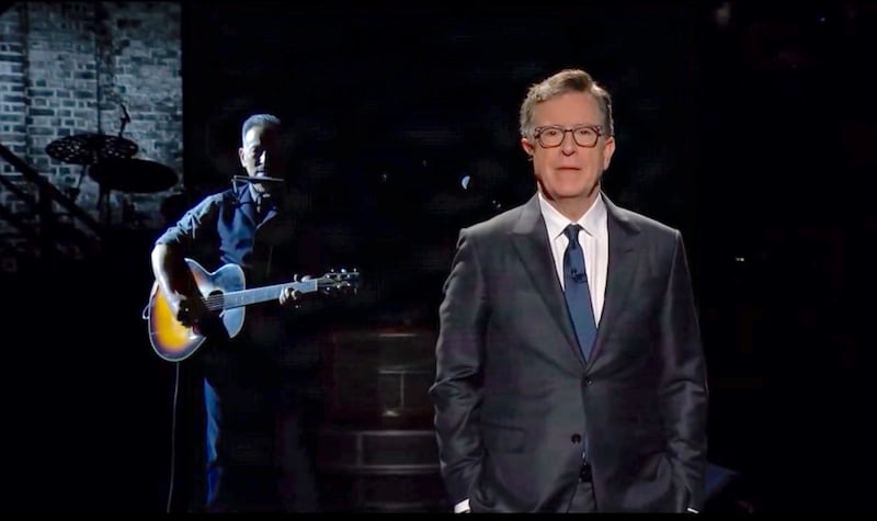 Stephen Colbert introducing Bruce Springsteen during Wednesday night's show.