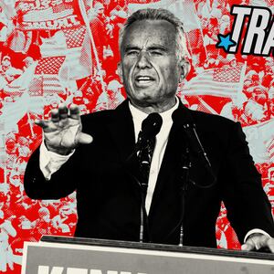 Photo illustration of RFK Jr. in front of a red and blue filtered image of the January 6 protesters.