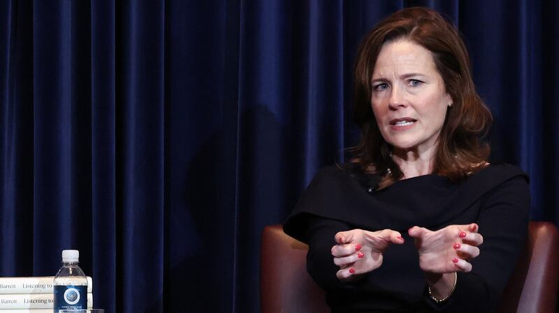 SIMI VALLEY, CALIFORNIA - SEPTEMBER 09: Supreme Court Justice Amy Coney Barrett speaks at the Reagan Library on September 09, 2025 in Simi Valley, California. Barrett discussed and signed copies of her new book, "Listening to the Law: Reflections on the Court and Constitution".