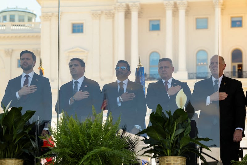 Attending JD Vance’s address were Acting Attorney General Todd Blanche, FBI Director Kash Patel, Bureau of Alcohol, Tobacco, Firearms, and Explosives Director Robert Cekada, and Border Czar Tom Homan. The administration members were separated from the crowd by bulletproof glass.