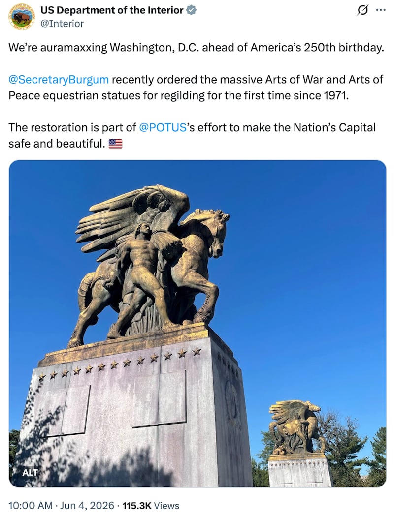 The Department of the Interior said it is “auramaxxing” the nation’s capital ahead of the country’s 250th birthday.