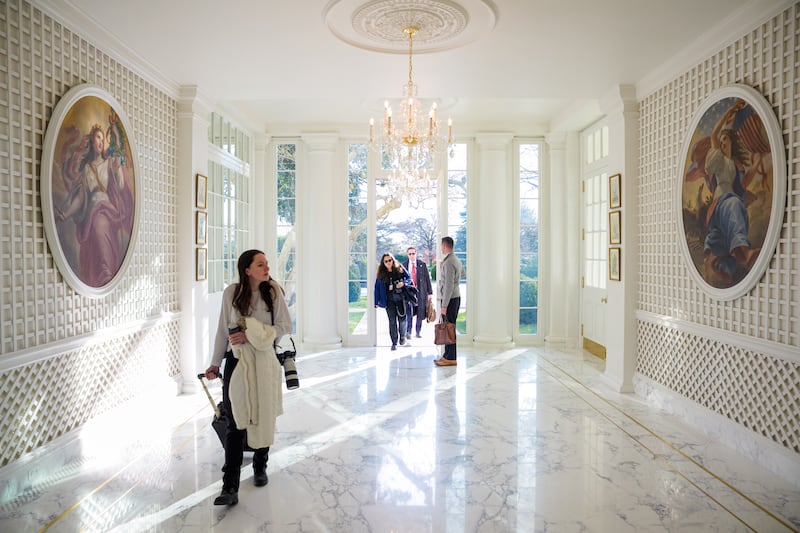 WASHINGTON, DC - DECEMBER 01: A view of the Palm Room of the White House on December 1, 2025 in Washington, DC. U.S. President Donald Trump recently restyled the Palm Room, which connects the White House residence to the West Colonnade leading toward the West Wing. (Photo by Andrew Harnik/Getty Images)