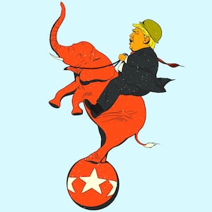 Donald Trump riding a rearing elephant on a circus ball