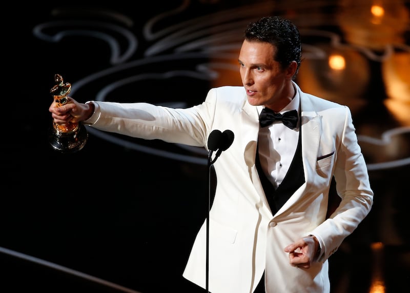 Matthew McConaughey accepts the Oscar for best actor for his role in "Dallas Buyers Club" at the 86th Academy Awards