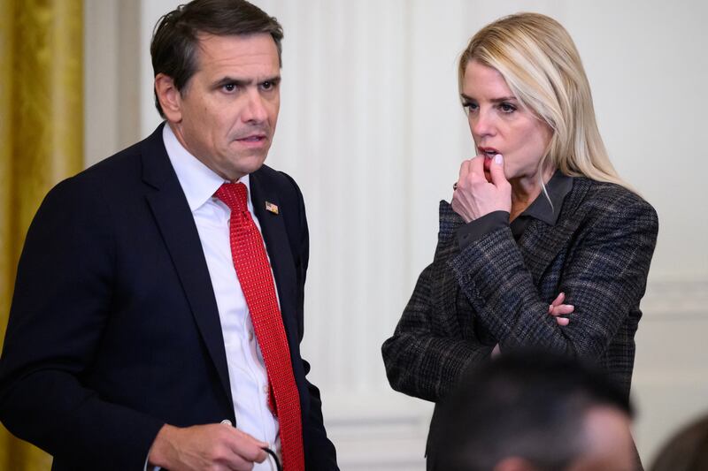 US Attorney General Pam Bondi (R) speaks with the Deputy Attorney General Todd Blanche following a ceremony with President Donald Trump and the Florida Panthers of the National Hockey League, winners of the 2025 Stanley Cup, in the East Room of the White House in Washington, DC on January 15, 2026.