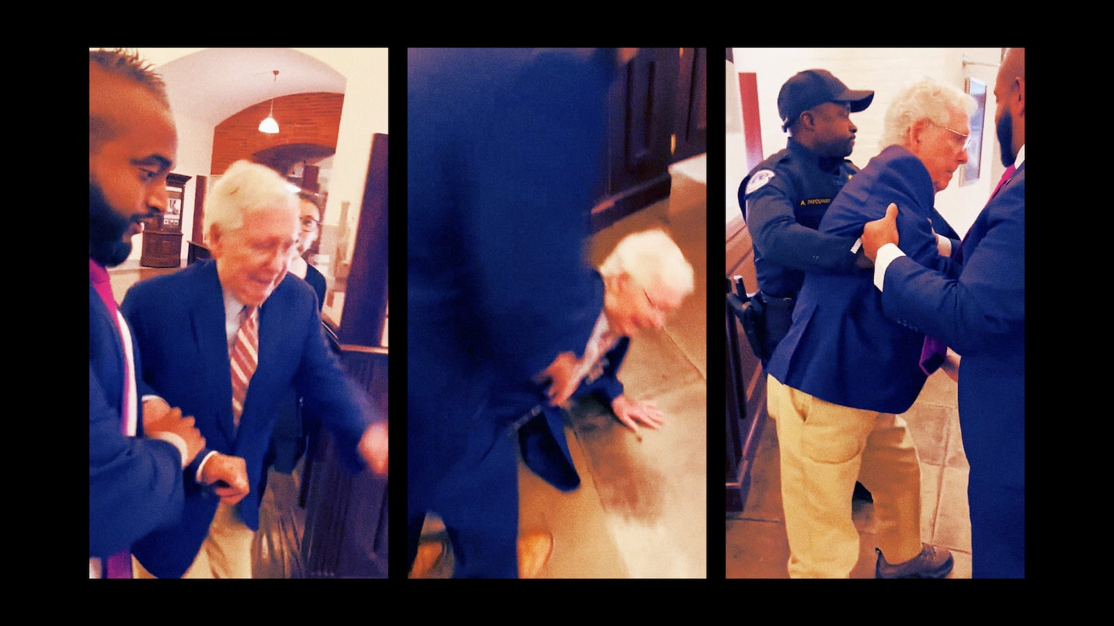 A photo composite of Sen. Mitch McConnell falling down.