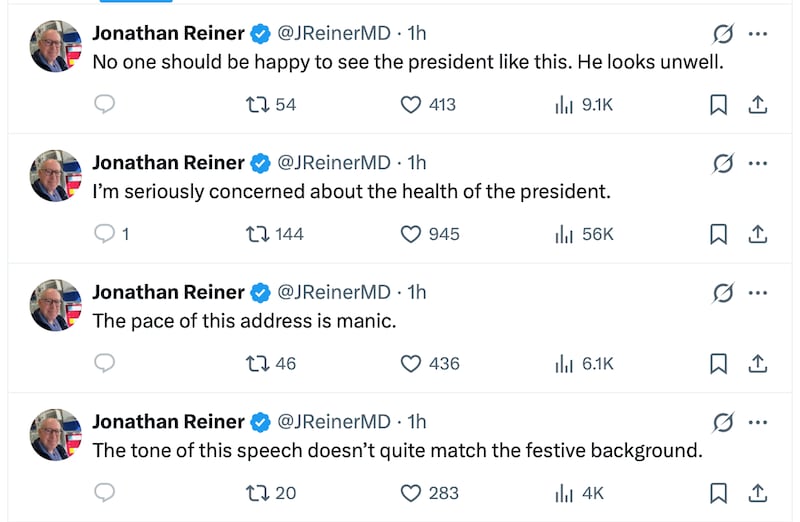 CNN Medical Analyst Jonathan Reiner posts repeatedly about Trump's health after his address to the nation.