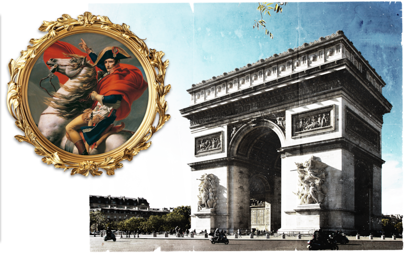 The Arc de Triumph in Paris with an inset image of Napoleon