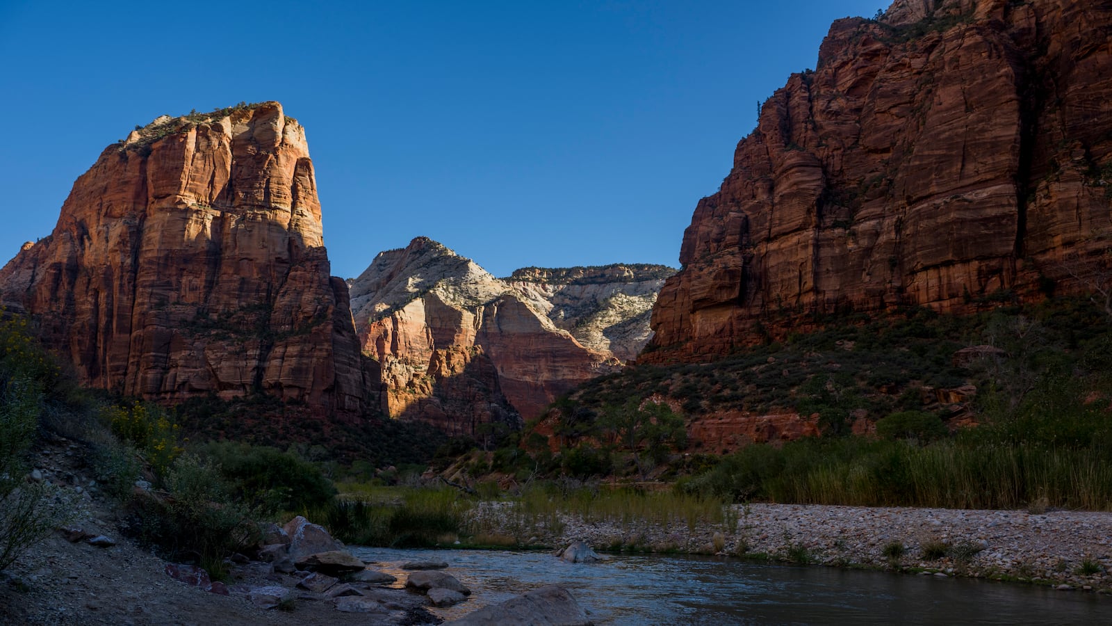 UTAH, UNITED STATES - 2025/10/07: View of mountains and Virgin River from the Angels Landing Hike in Zion National Park, Utah, United States.
