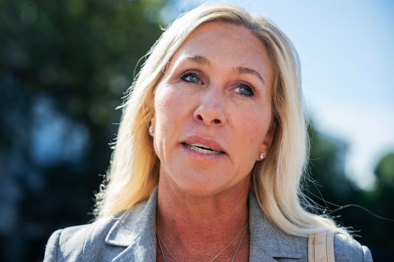 Rep. Marjorie Taylor Greene, R-Ga., talks with reporters on Tuesday, September 9, 2025.