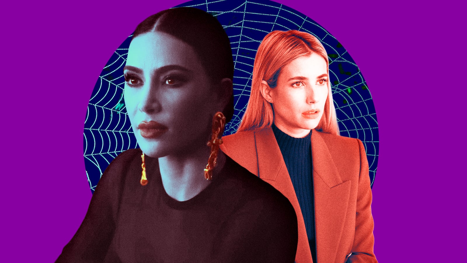 A photo illustration of Kim Kardashian and Emma Roberts on AHS: Delicate.