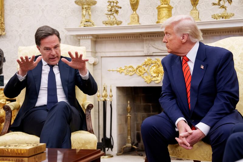 WASHINGTON, DC - MARCH 13: NATO Secretary General Mark Rutte speaks during a meeting with U.S. President Donald Trump in the Oval Office of the White House on March 13, 2025 in Washington, DC. The two leaders met as the Trump administration has once again put the military alliance between the United States and Western Europe in question. (Photo by Andrew Harnik/Getty Images)