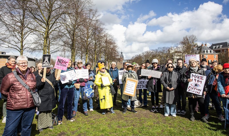 Protesters participate in a 'No Tyrants' demonstration in front of the US Consulate in Amsterdam on March 28, 2026, in solidarity with the anti-Trump (No Kings) demonstrations taking place throughout the US. (Photo by Dingena Mol / ANP / AFP via Getty Images) / Netherlands OUT