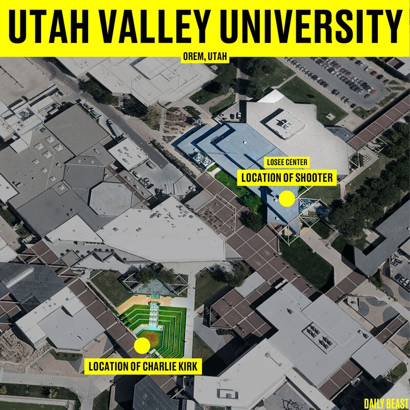 Map of the campus of Utah Valley University in Orem, Utah where Charlie Kirk was shot on September 10, 2025