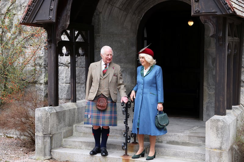 King Charles and Queen Camilla after attending a service at Crathie Kirk, near Balmoral, in April 2025