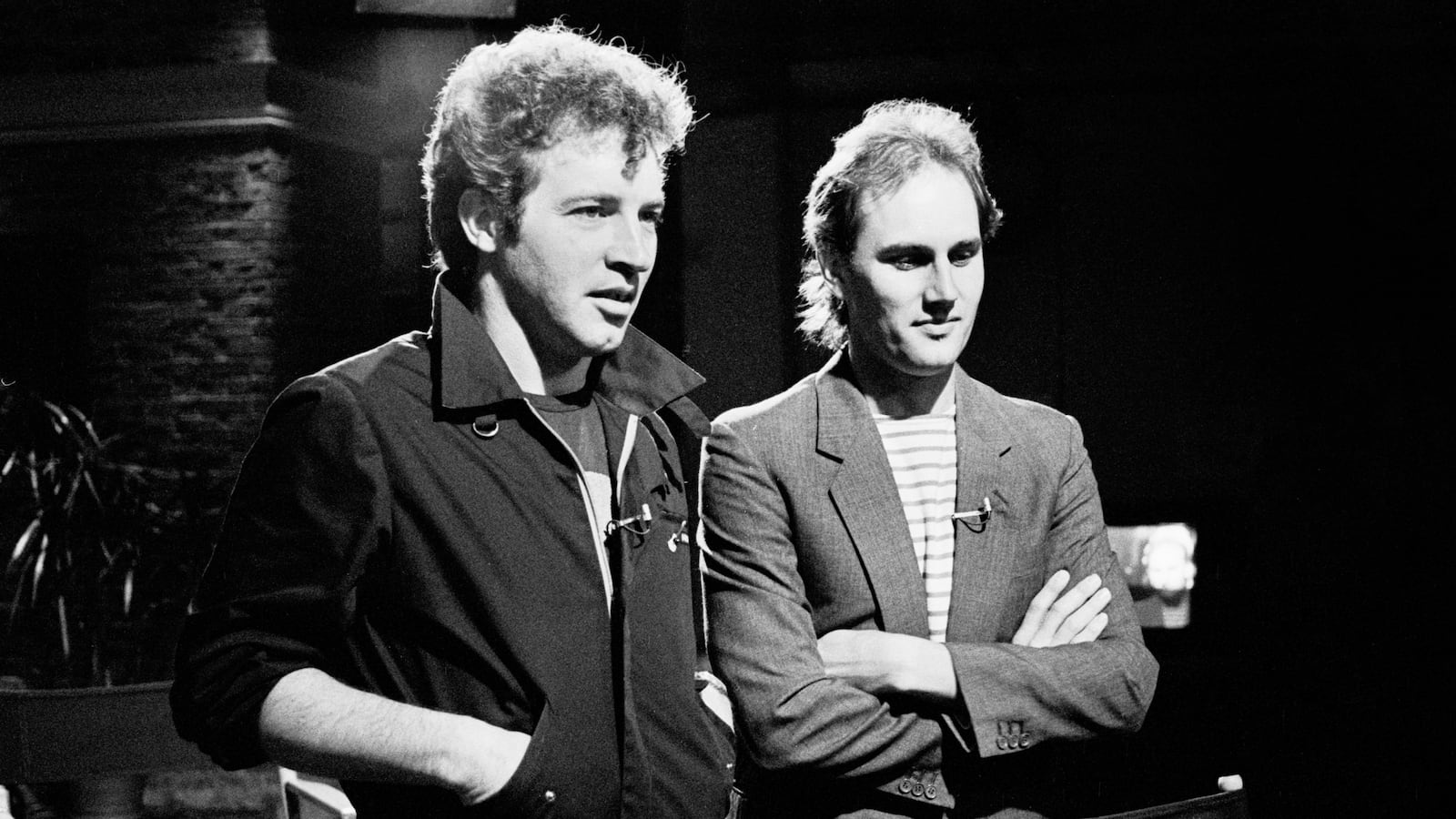 View of American Pop musicians Tommy Heath (left) and Jim Keller, both of the band Tommy Tutone, following an interview on MTV at Teletronic Studios, New York, New York, April 29, 1982.