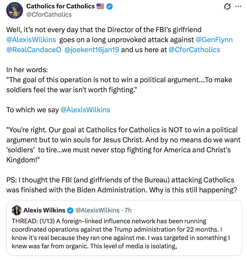 Catholics for Catholics react to Alexis Wilkins' post.
