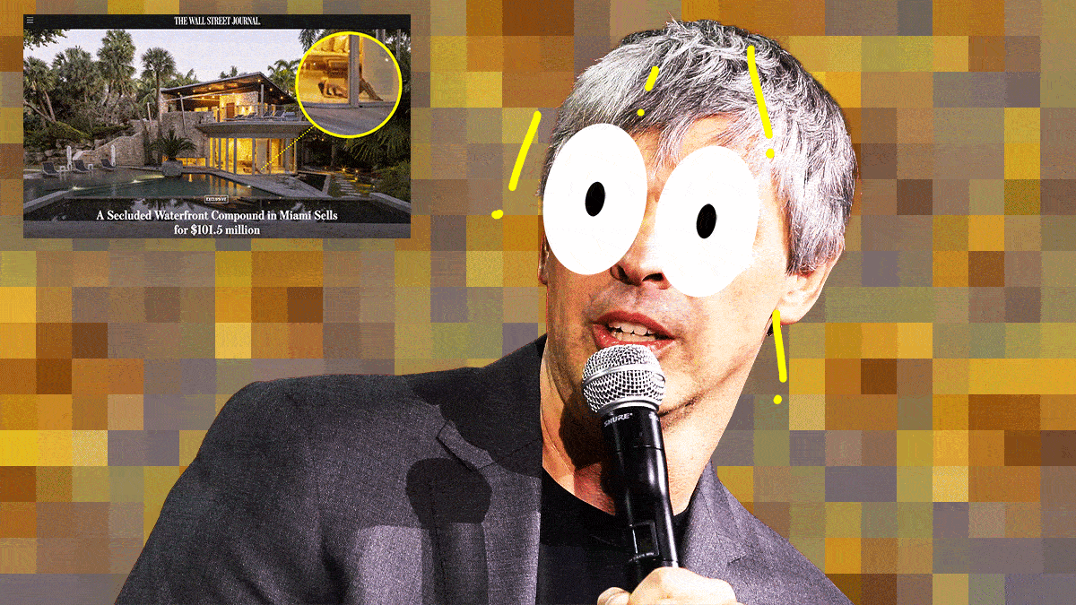 Larry Page with large eyes in front of a pixelized collage of a statue of a naked woman in his home