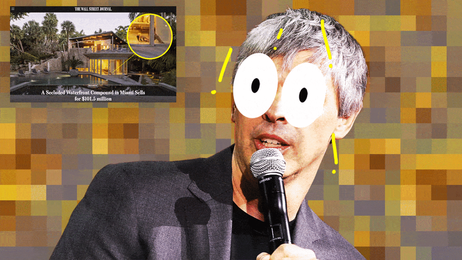 Larry Page with large eyes in front of a pixelized collage of a statue of a naked woman in his home