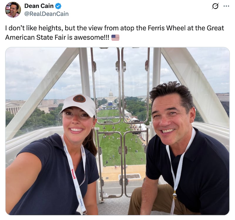 Dean Cain X post reads: "I don't like heights, but the view from atop the Ferris Wheel at the Great American State Fair is awesome!!!"