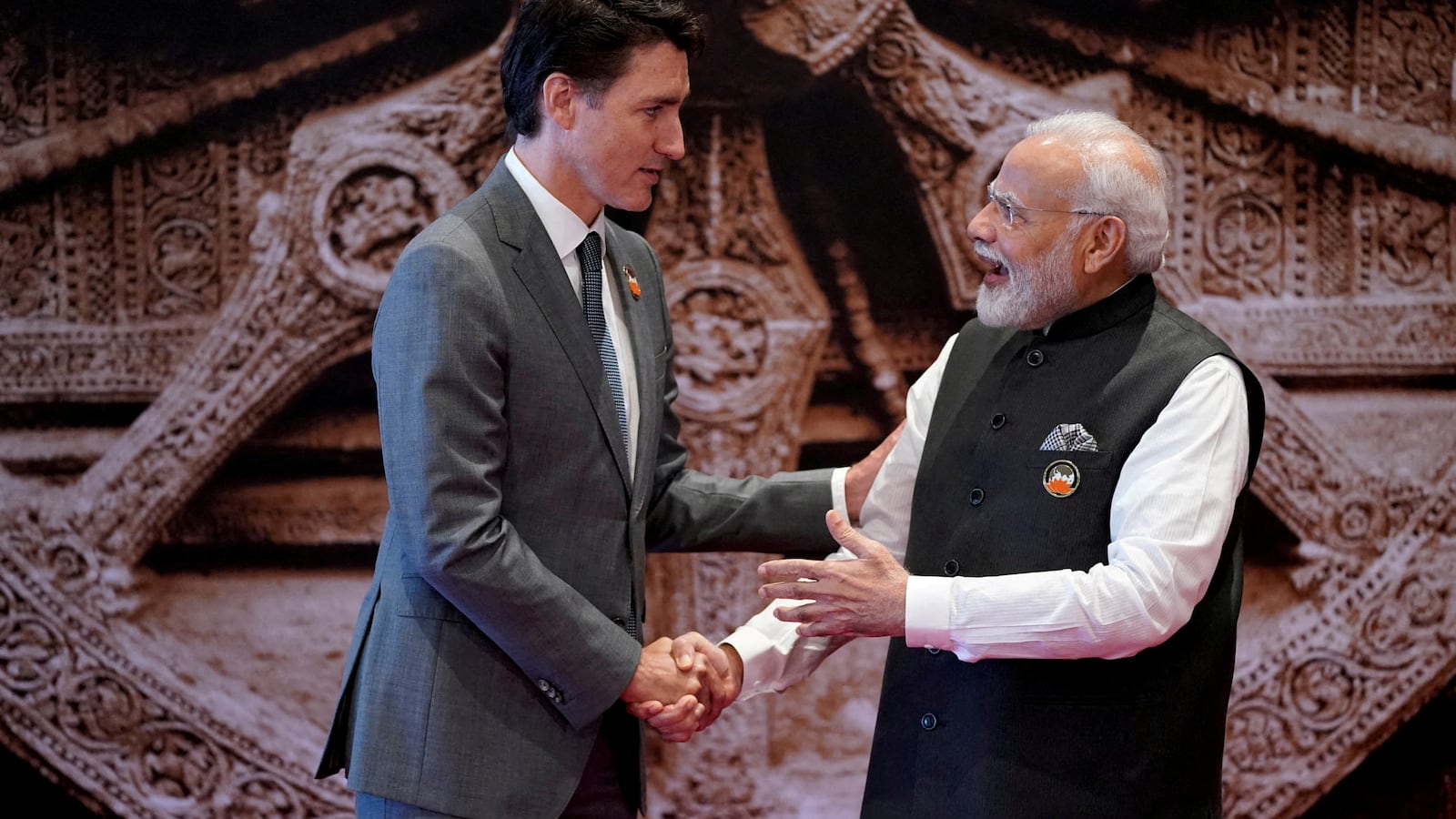 Indian Prime Minister Narendra Modi welcomes Canada Prime Minister Justin Trudeau upon his arrival at Bharat Mandapam convention center for the G20 Summit, in New Delhi, India.
