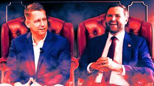 A photo illustration of Pete Thiel and JD Vance in leather chairs in a smokey room.