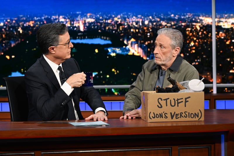 The Late Show with Stephen Colbert and guest Jon Stewart during Sunday's February 11, 2024 show.