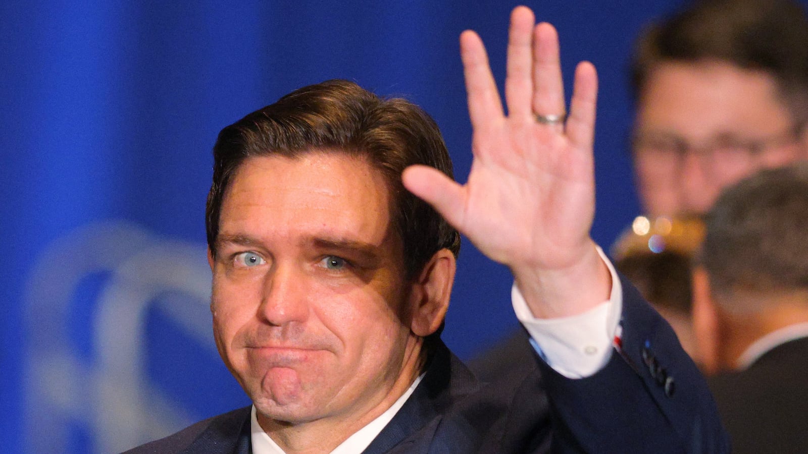 Florida Gov. Ron DeSantis arrives to speak at the 2023 NHGOP Amos Tuck Dinner in Manchester, New Hampshire, April 14, 2023.