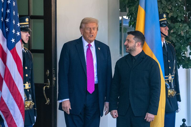 U.S. President Donald Trump 2nd L welcomes Ukrainian President Volodymyr Zelensky at the White House