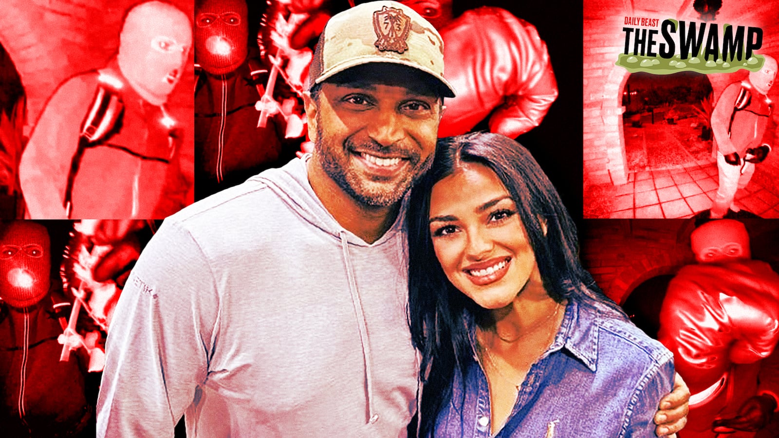 A photo illustration of Kash Patel and Alexis Wilkins and surveillance footage of Nancy Guthrie's alleged kidnapper.