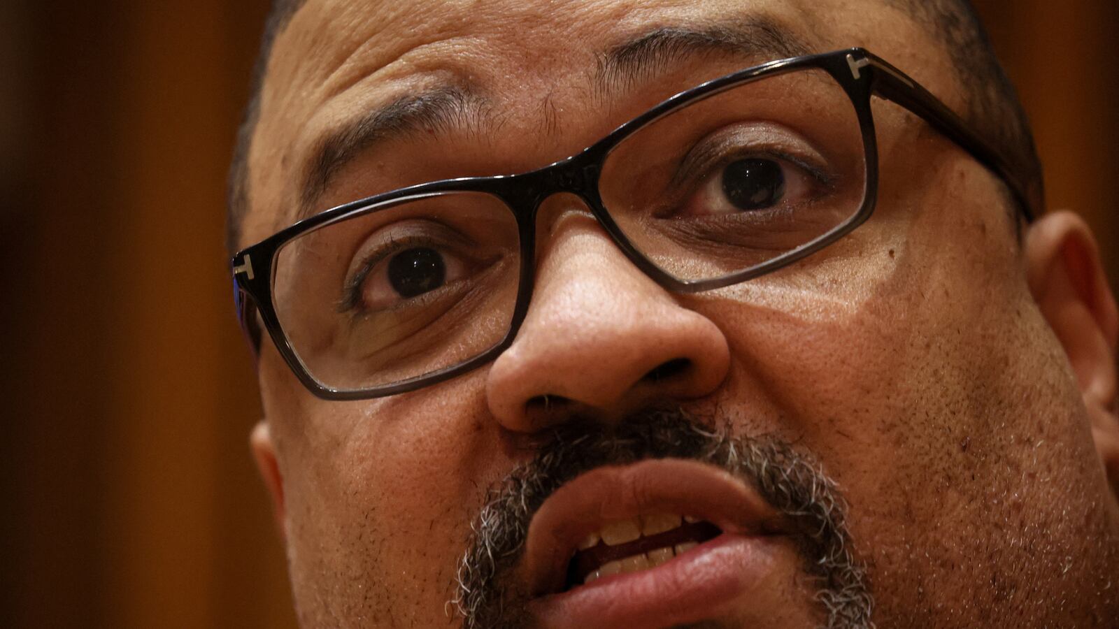 New York County District Attorney Alvin Bragg speaks during a news conference at 1 Police Plaza in New York City.