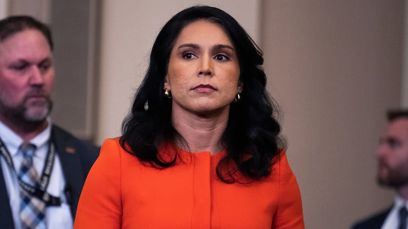 UNITED STATES - MARCH 26: Tulsi Gabbard, director of National Intelligence, arrives to testify during the House Select Intelligence Committee hearing titled "Worldwide Threats Assessment," in Longworth building on Wednesday, March 26, 2025. Gen. Timothy D. Haugh, director of the National Security Agency, FBI Director Kash Patel, CIA Director John Ratcliffe, and Lt. Gen. Jeffrey A. Kruse, director of the Defense Intelligence Agency, also testified. The witnesses fielded questions on the Signal chat, about attacks against Houthis in Yemen, that accidentally included a reporter. (Tom Williams/CQ-Roll Call, Inc via Getty Images)