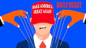 A photo illo illustration of a MAGA supporter in a suit being pulled on my puppet strings for the Daily Beast podcast.
