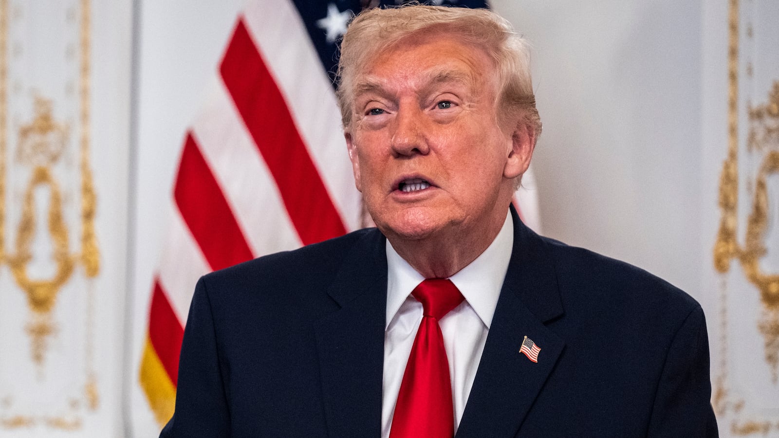 PALM BEACH, FLORIDA - NOVEMBER 27: President Donald Trump participates in a call with U.S. service members from his Mar-a-Lago club in Florida on Thanksgiving Day on November 27, 2025 in Palm Beach, Florida. (Photo by Pete Marovich/Getty Images)