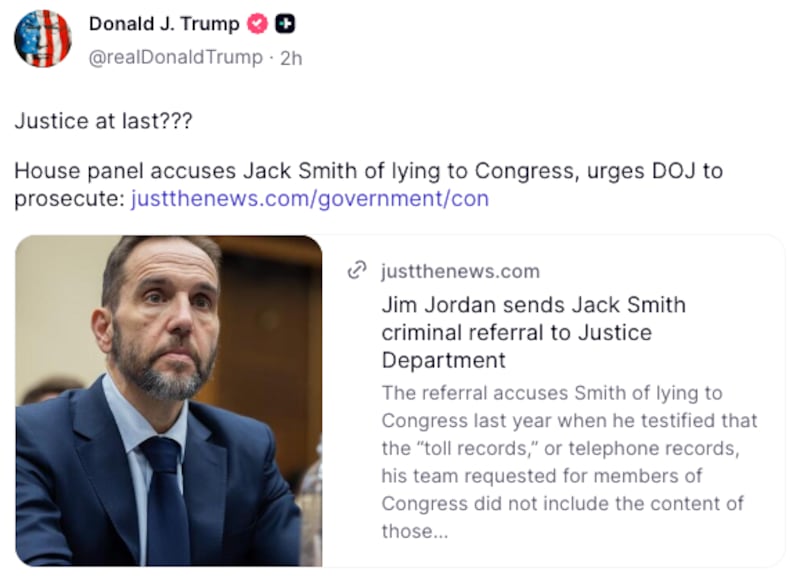 Donald Trump’s post on Jack Smith.