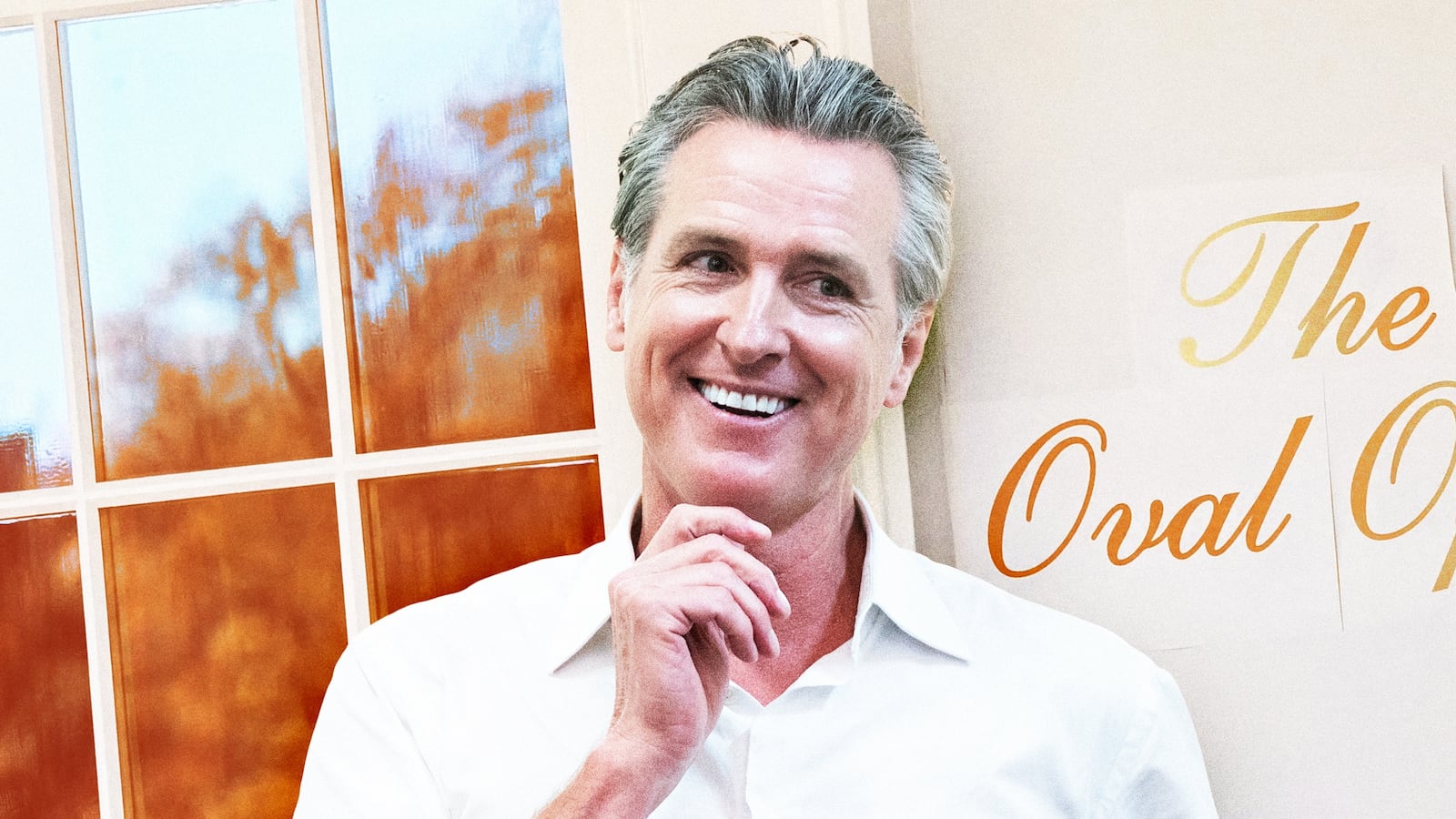 A photo illustration of Gov. Gavin Newsom and the temporary signage reading "The Oval Office" is displayed next to an entrance to the Oval Office at the White House.
