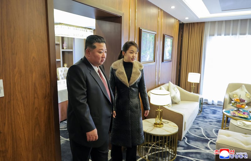 This picture taken on December 20, 2025 and released by North Korea's official Korean Central News Agency (KCNA) via KNS on December 23, 2025 shows North Korean leader Kim Jong Un (L) and his daughter Ju Ae inspecting the Ikkal Hotel, which was recently completed in the Samjiyon tourist district of Ryanggang Province. (Photo by KCNA VIA KNS / AFP via Getty Images) / South Korea OUT / ---EDITORS NOTE--- RESTRICTED TO EDITORIAL USE - MANDATORY CREDIT "AFP PHOTO/KCNA VIA KNS" - NO MARKETING NO ADVERTISING CAMPAIGNS - DISTRIBUTED AS A SERVICE TO CLIENTS
THIS PICTURE WAS MADE AVAILABLE BY A THIRD PARTY. AFP CAN NOT INDEPENDENTLY VERIFY THE AUTHENTICITY, LOCATION, DATE AND CONTENT OF THIS IMAGE. /