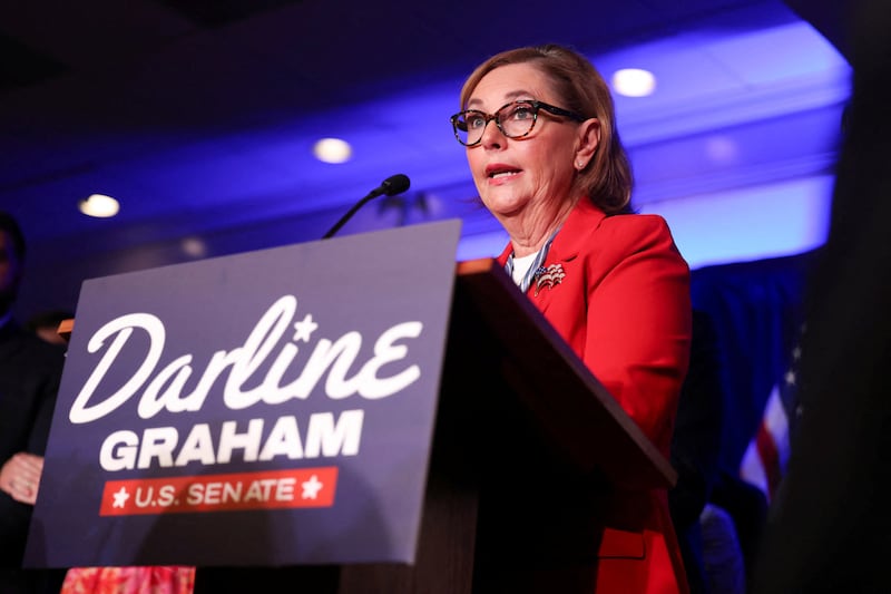 U.S. Senator Darline Graham (R-SC) speaks with supporters after winning her Republican primary runoff against U.S. Representative Ralph Norman (R-SC) for her current U.S. Senate seat, in Columbia, South Carolina, U.S., August 25, 2026.