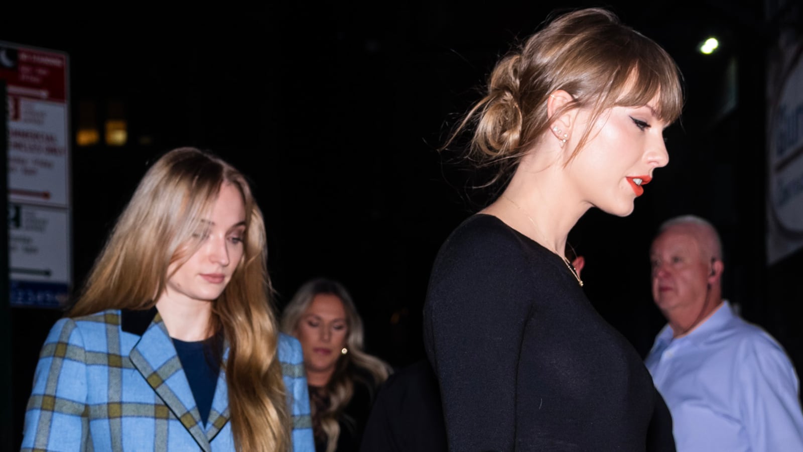 Sophie Turner (L) and Taylor Swift are seen in NoHo on November 04, 2023 in New York City