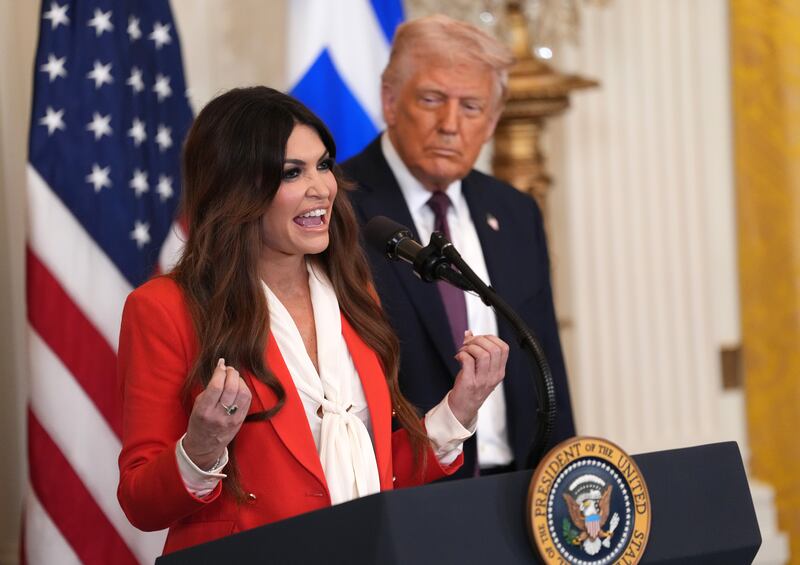 WASHINGTON, DC - MARCH 24: Kimberly Guilfoyle, President Trump's nominee to be the U.S. ambassador to Greece, speaks alongside U.S. President Donald Trump during a Greek Independence Day celebration at the White House on March 24, 2025 in Washington, DC. Trump recognized Greek members of his staff and cabinet and thanked "Greeks For Trump" while recognizing Greek Independence Day. (Photo by Win McNamee/Getty Images)