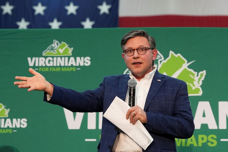 U.S. House Speaker Mike Johnson (R-LA) speaks during a campaign rally against Virginia Democrats' proposed state redistricting constitutional amendment ahead of the referendum special election on April 21, in Bridgewater, Virginia, U.S., April 11, 2026. REUTERS/Ken Cedeno     TPX IMAGES OF THE DAY