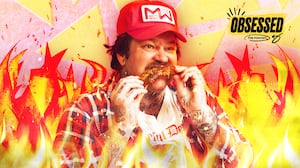 A photo illustration of Matty Matheson eating a chicken wing.