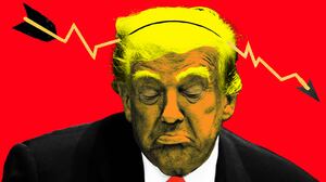 Donald Trump with a downward arrow going through his head