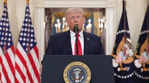 President Donald Trump speaks from the Cross Hall of the White House
