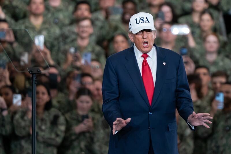 YOKOSUKA, JAPAN - OCTOBER 28: U.S. President Donald Trump speaks to troops aboard USS George Washington on October 28, 2025 in Yokosuka, Japan. Trump is visiting Japan, fresh off an appearance at the ASEAN summit in Malaysia, and will next travel to South Korea for the APEC meetings. (Photo by Tomohiro Ohsumi/Getty Images)