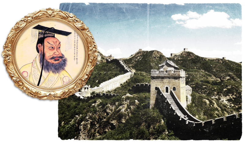 The Great Wall of China with a framed portrait of Qin Shi Huang