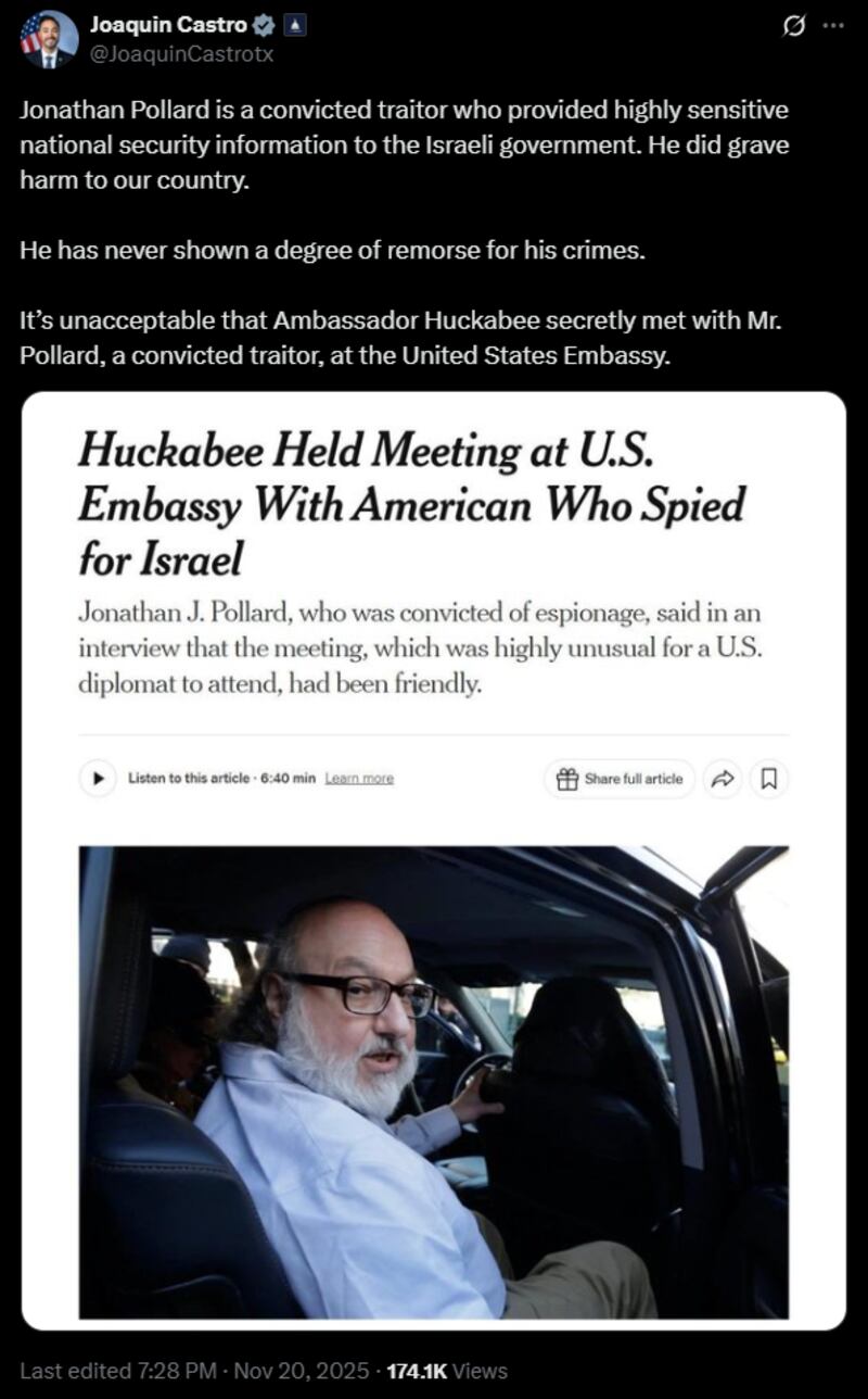 Democratic Rep Joaquin Castro called out Huckabee for meeting with a covicted traitor.